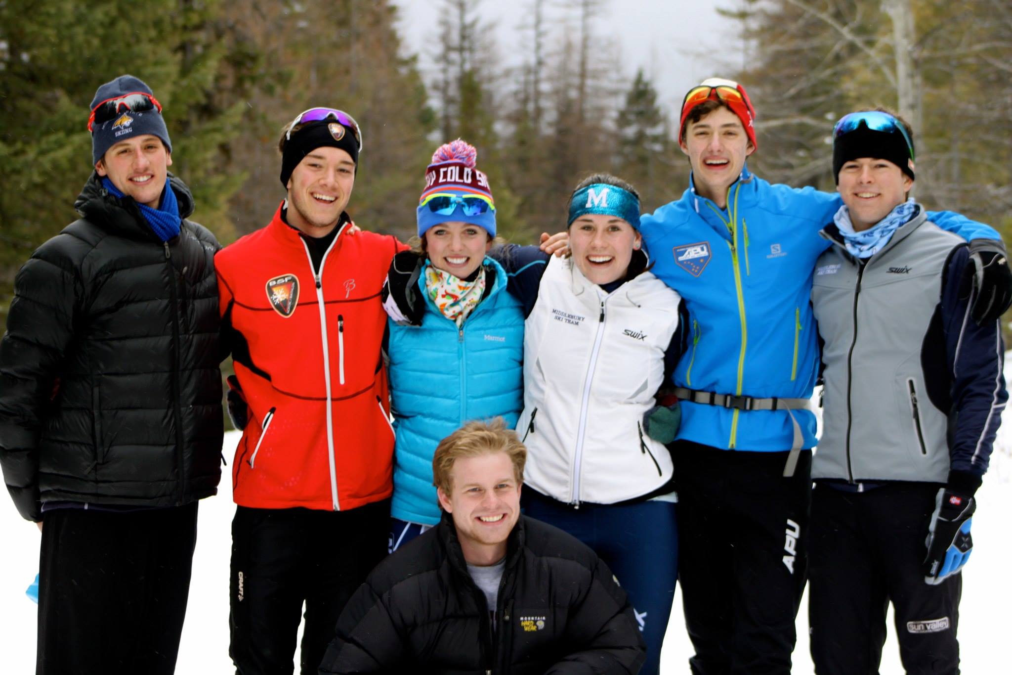 Left to Right: Mashall Opel,senior at Montana State University; Connor Gray, Bridger Ski Foundation (senior at Bozeman High School); Anne Miller, senior at University of New Hampshire; Stella Holt, junior at Middlebury College; Fischer Gangemi, freshman at Alaska Pacific University; Jack Steele, sophomore at Middlebury College and kneeling Carl Talsma, junior at Cornell and on the baseball team, but skied with GNST through high school.